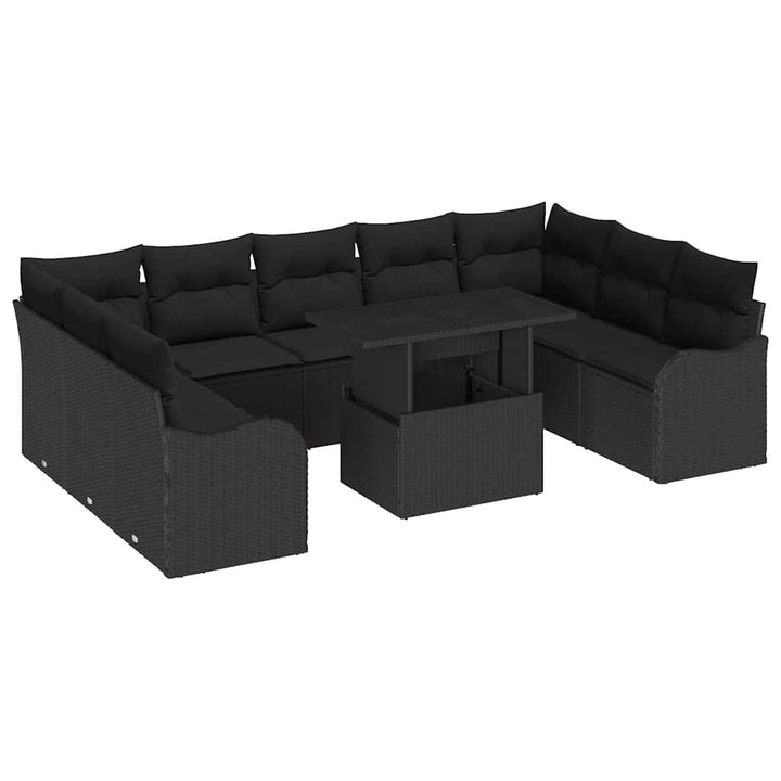 Havesofa Sæt med pude med pude 10 pcs Sort Poly Rattan
