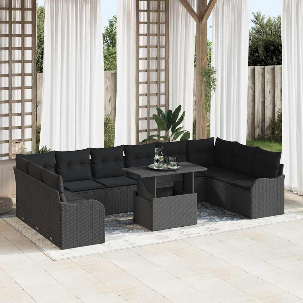Havesofa Sæt med pude med pude 11 pcs Sort Poly Rattan