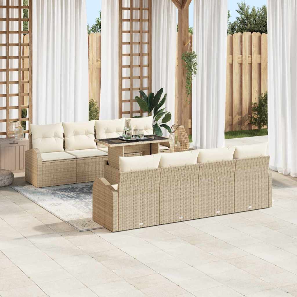 Havesofa Sæt med pude med opbevaring 9 pcs Beige Poly Rattan