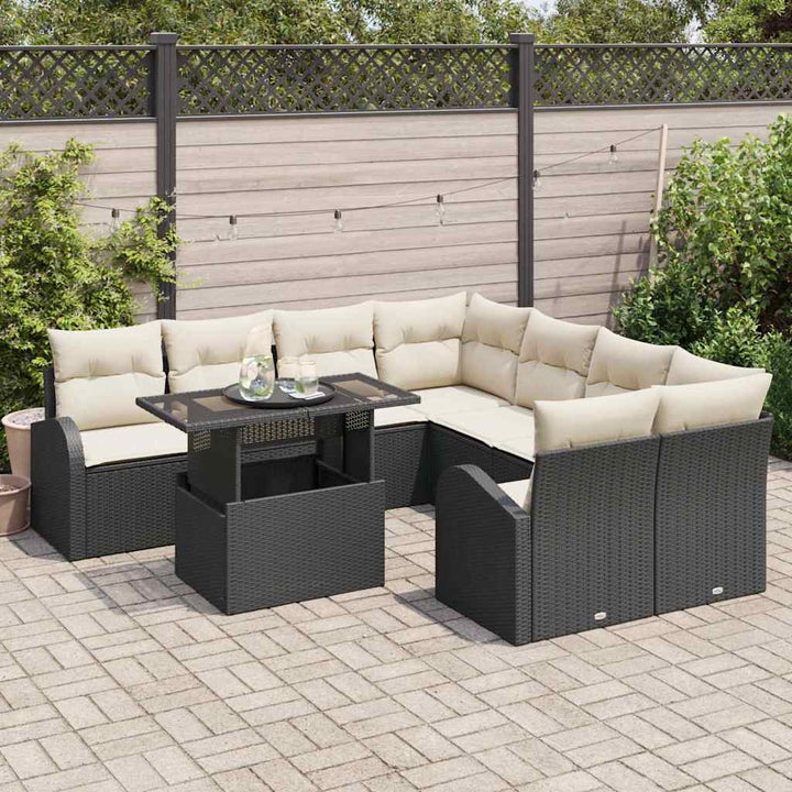 Havesofa Sæt med pude med opbevaring 9 pcs Sort Poly Rattan