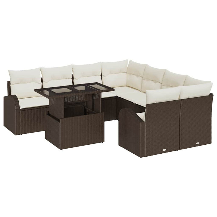Havesofa Sæt med pude med opbevaring 9 pcs Brun Poly Rattan