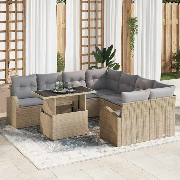 Havesofa Sæt med pude med opbevaring 9 pcs Beige Poly Rattan