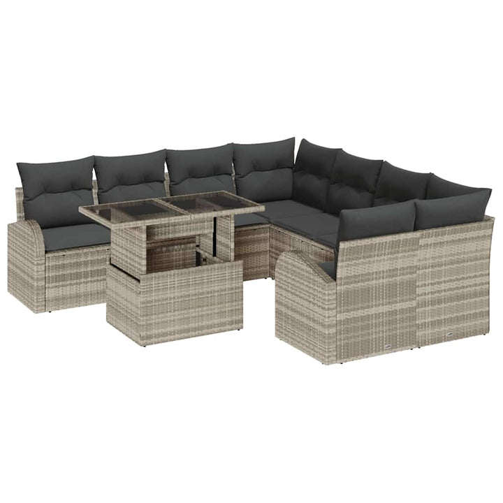 Havesofa Sæt med pude med opbevaring 9 pcs Lysegrå Poly Rattan