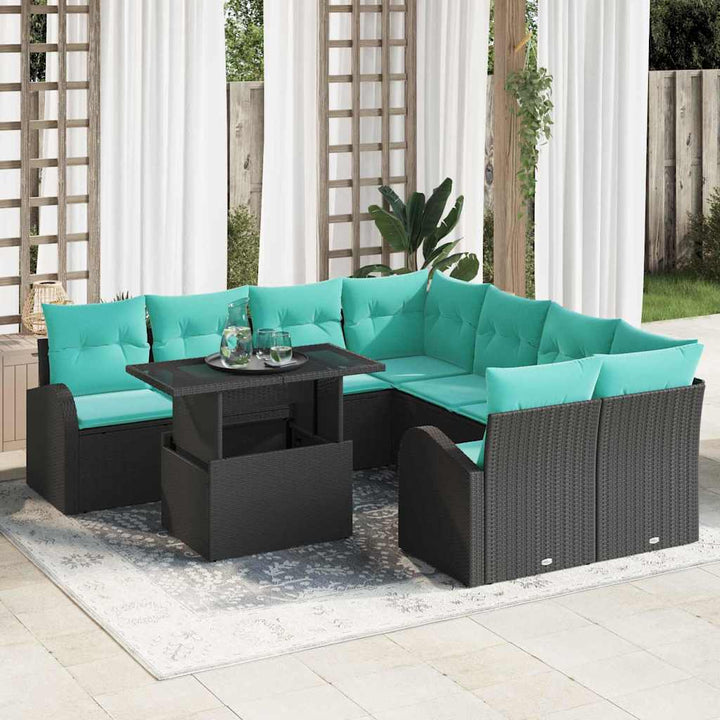 Havesofa Sæt med pude med opbevaring 9 pcs Sort Poly Rattan