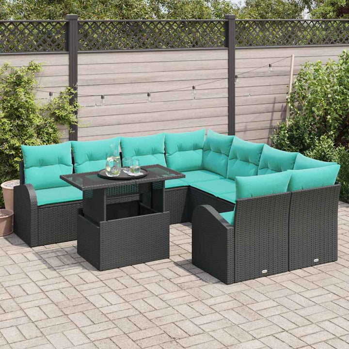 Havesofa Sæt med pude med opbevaring 9 pcs Sort Poly Rattan