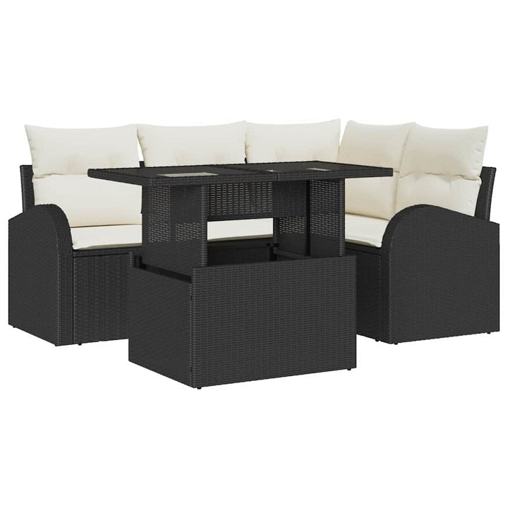 Havesofa Sæt med pude med opbevaring 5 pcs Sort Poly rattan