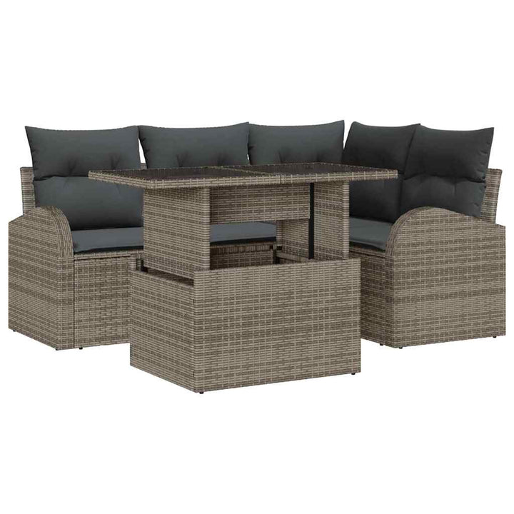 Havesofa Sæt med pude med opbevaring 5 pcs Grå Poly rattan