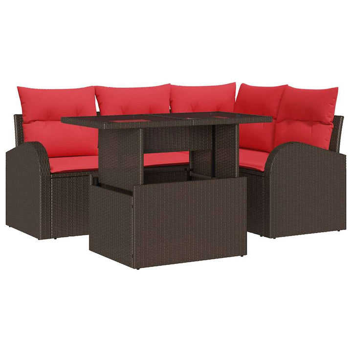 Havesofa Sæt med pude med opbevaring 5 pcs Brun Poly rattan