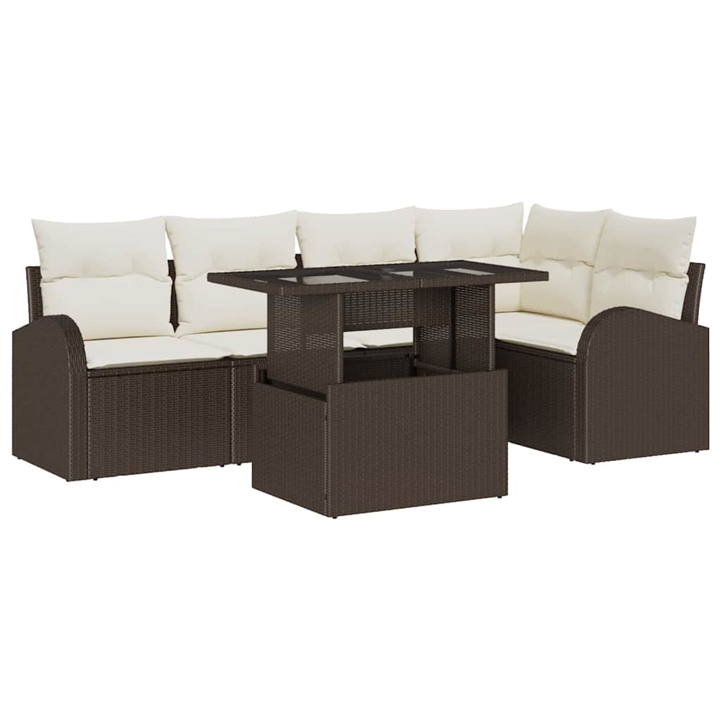 Havesofa Sæt med pude med opbevaring 6 pcs Brun Poly rattan