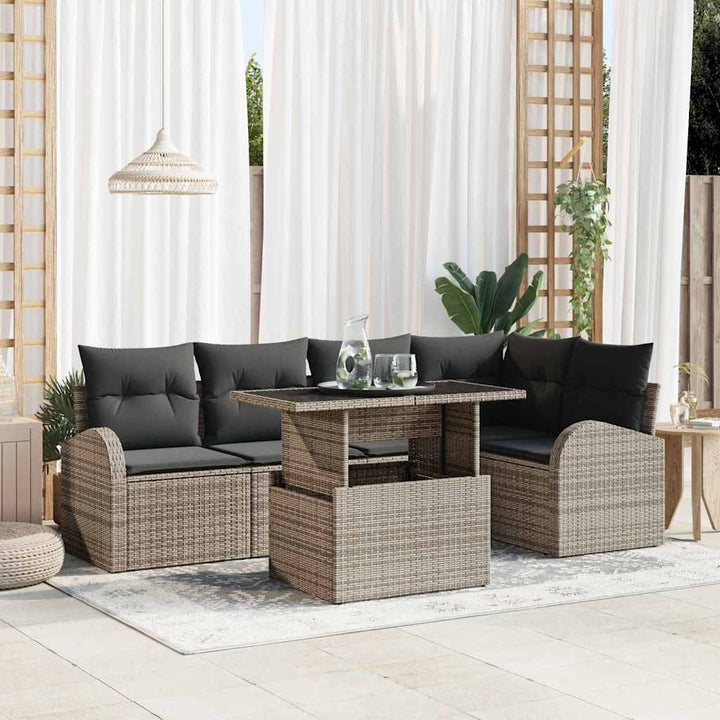 Havesofa Sæt med pude med opbevaring 6 pcs Grå Poly rattan
