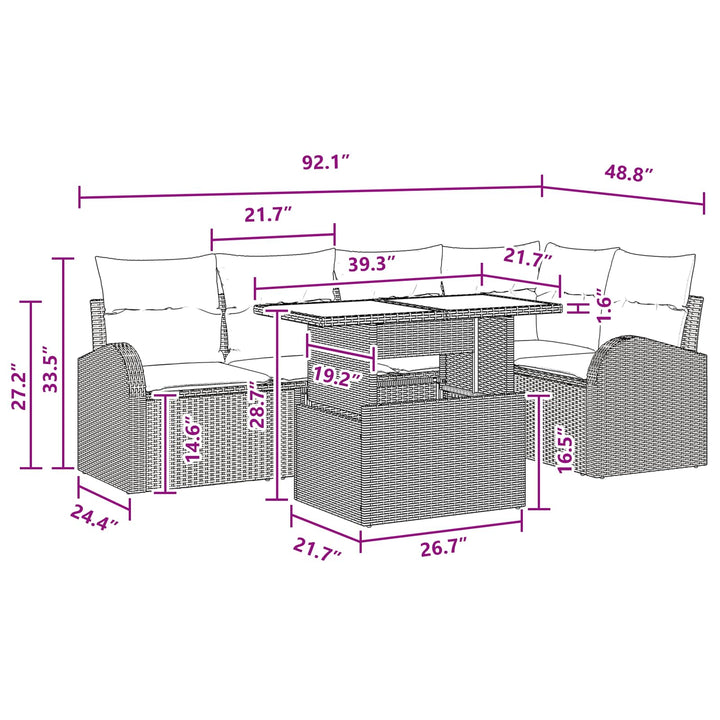 Havesofa Sæt med pude med opbevaring 6 pcs Brun Poly rattan