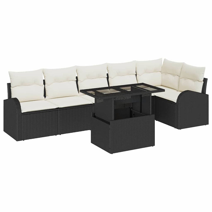 Havesofa Sæt med pude med opbevaring 7 pcs Sort Poly rattan