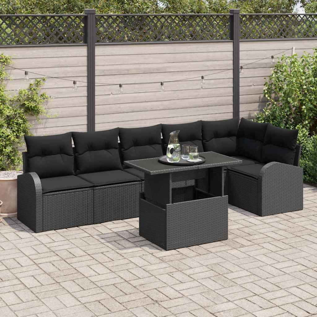 Havesofa Sæt med pude med opbevaring 7 pcs Sort Poly rattan