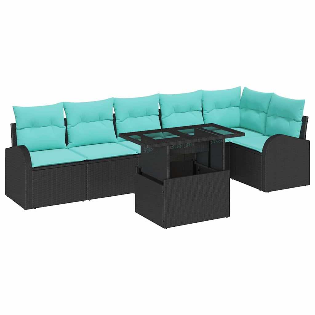 Havesofa Sæt med pude med opbevaring 7 pcs Sort Poly rattan