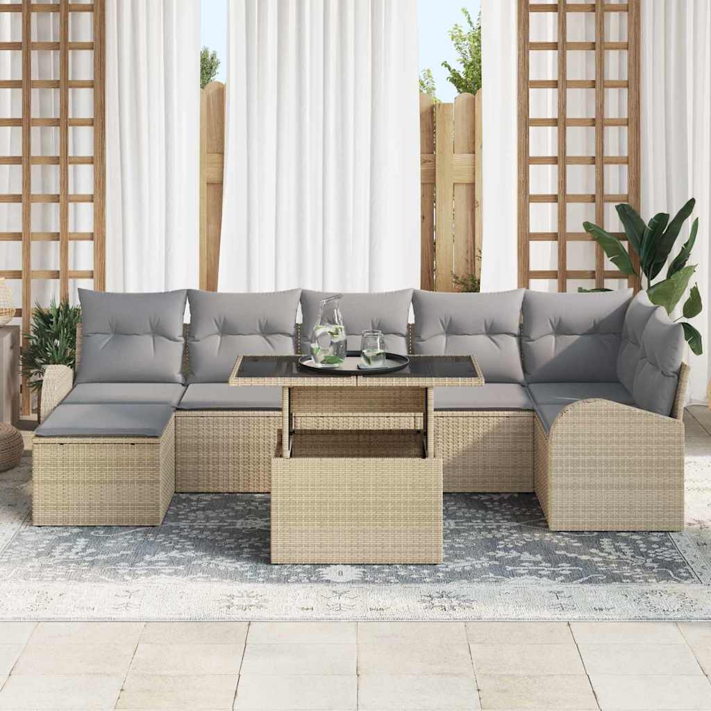 Havesofa Sæt med pude med opbevaring 8 pcs Beige Poly rattan