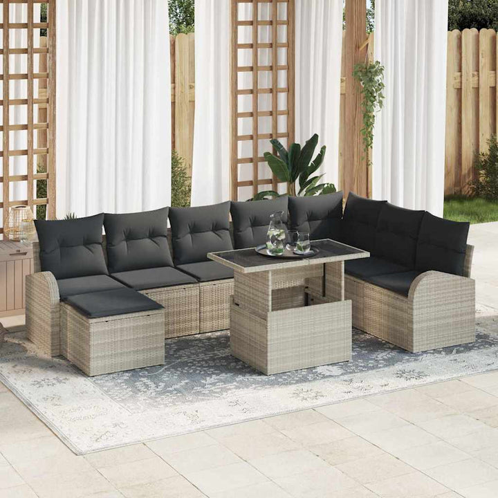 Havesofa Sæt med opbevaring 9 pcs Lysegrå Poly rattan