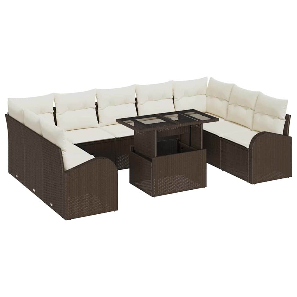 Havesofa Sæt med pude med opbevaring 10 pcs Brun Poly rattan