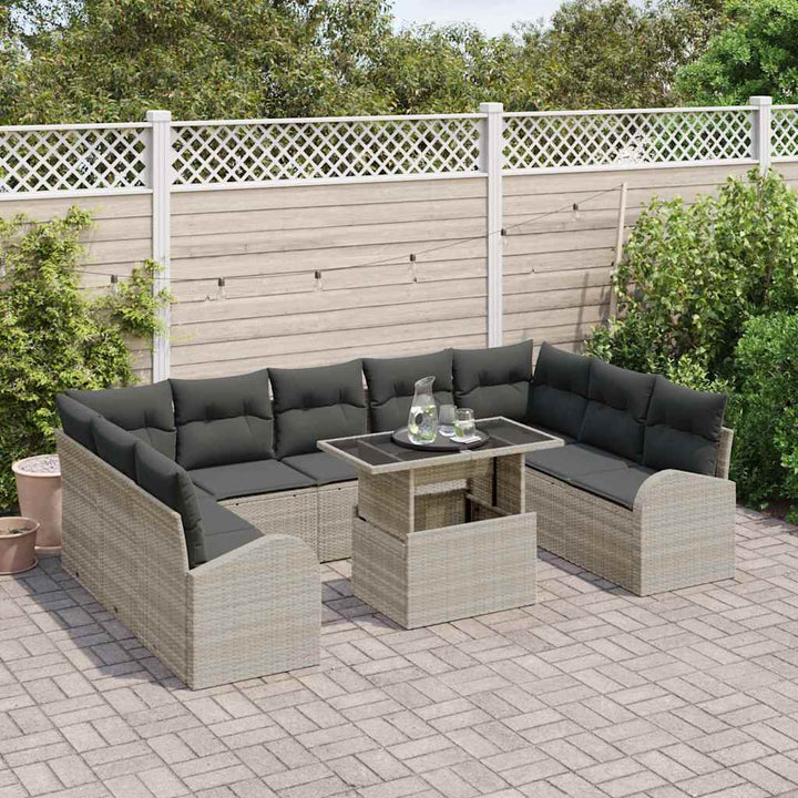 Havesofa Sæt med pude med opbevaring 10 pcs Lysegrå Poly rattan