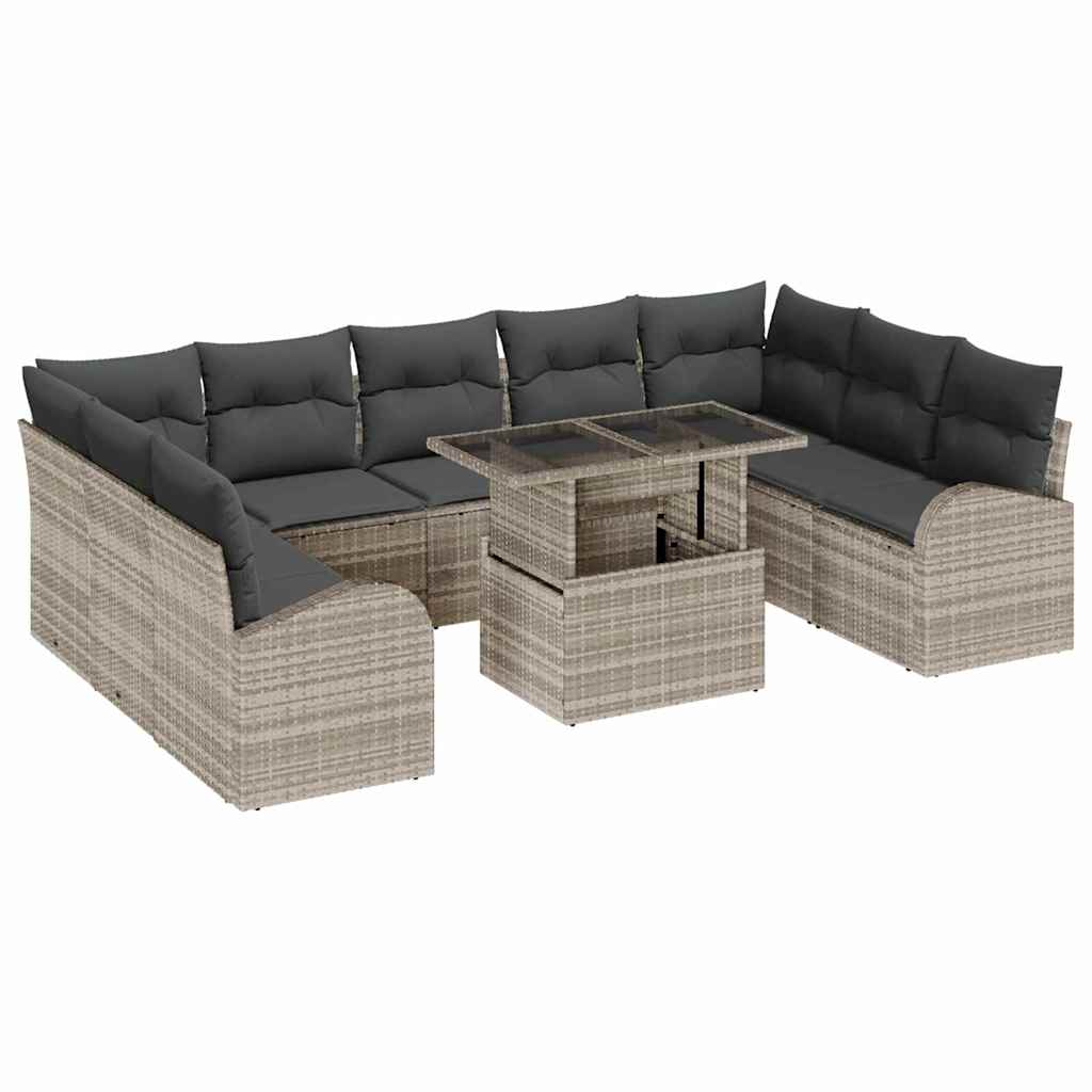 Havesofa Sæt med pude med opbevaring 10 pcs Lysegrå Poly rattan