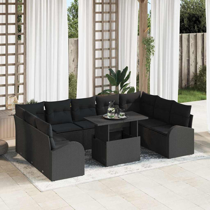 Havesofa Sæt med pude med opbevaring 10 pcs Sort Poly rattan