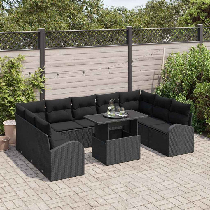 Havesofa Sæt med pude med opbevaring 10 pcs Sort Poly rattan