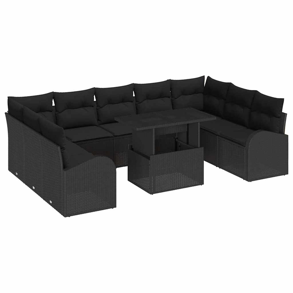 Havesofa Sæt med pude med opbevaring 10 pcs Sort Poly rattan