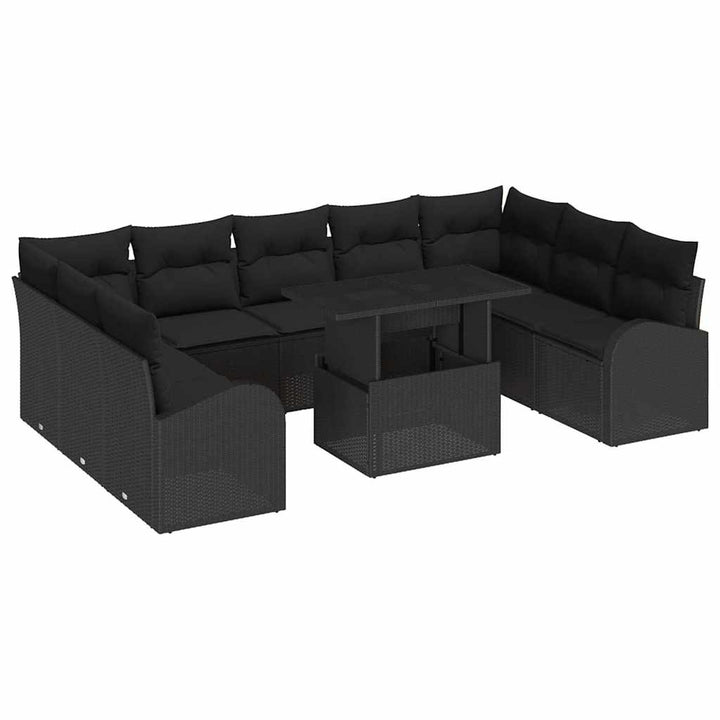 Havesofa Sæt med pude med opbevaring 10 pcs Sort Poly rattan