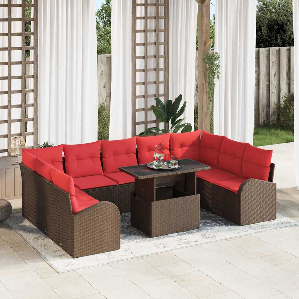 Havesofa Sæt med pude med opbevaring 10 pcs Brun Poly rattan