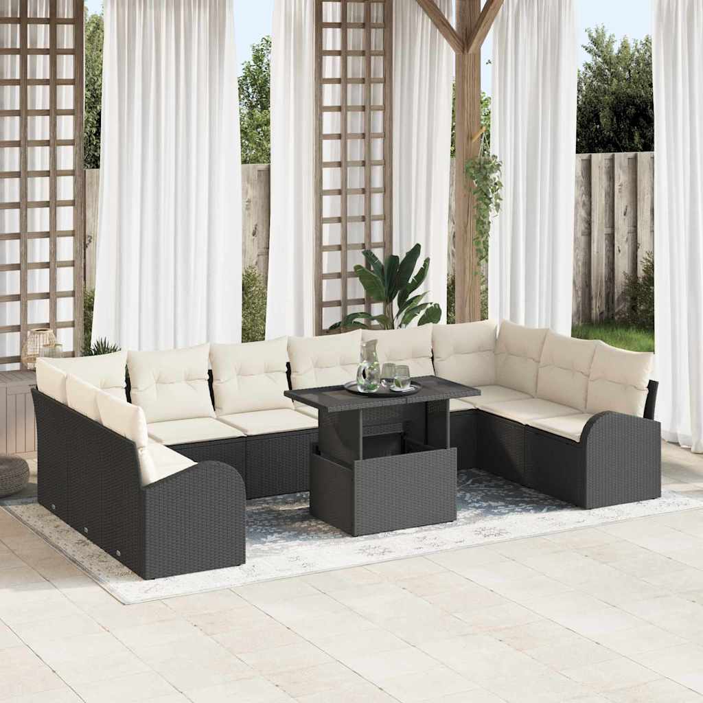 Havesofa Sæt med pude med opbevaring 11 pcs Sort Poly rattan