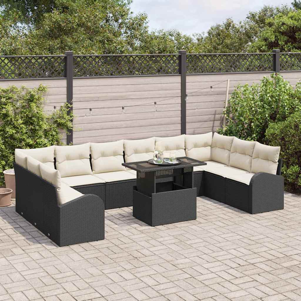 Havesofa Sæt med pude med opbevaring 11 pcs Sort Poly rattan