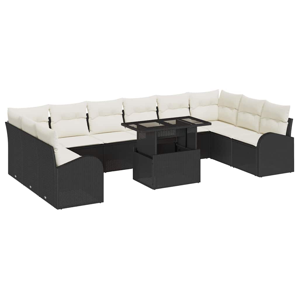 Havesofa Sæt med pude med opbevaring 11 pcs Sort Poly rattan