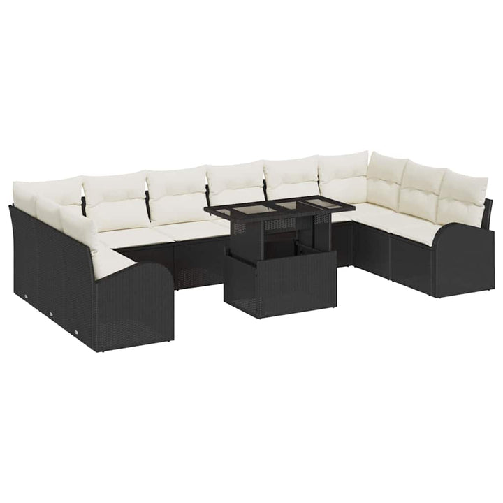 Havesofa Sæt med pude med opbevaring 11 pcs Sort Poly rattan