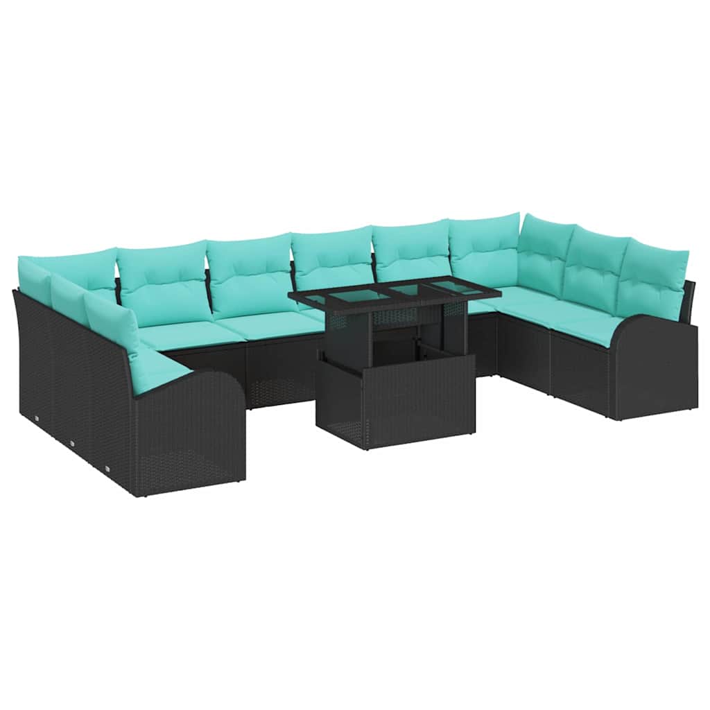 Havesofa Sæt med pude med opbevaring 11 pcs Sort Poly rattan