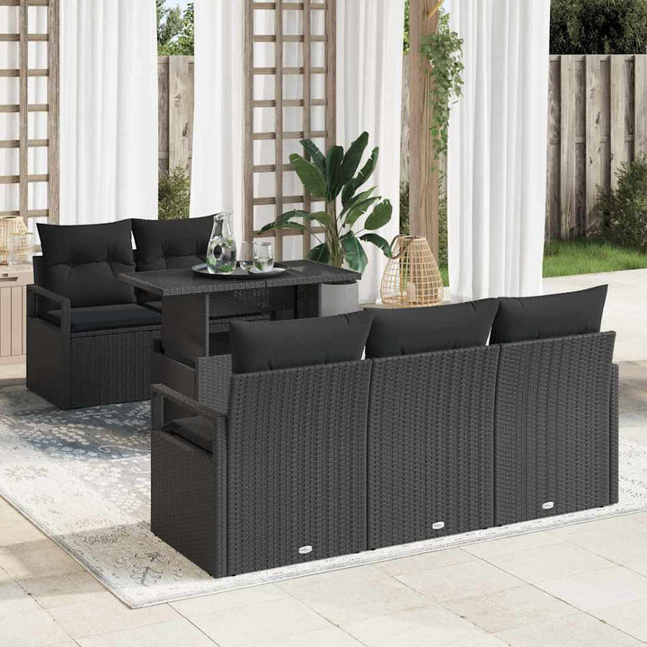 Havesofa Sæt med pude med opbevaring 6 pcs Sort Poly rattan