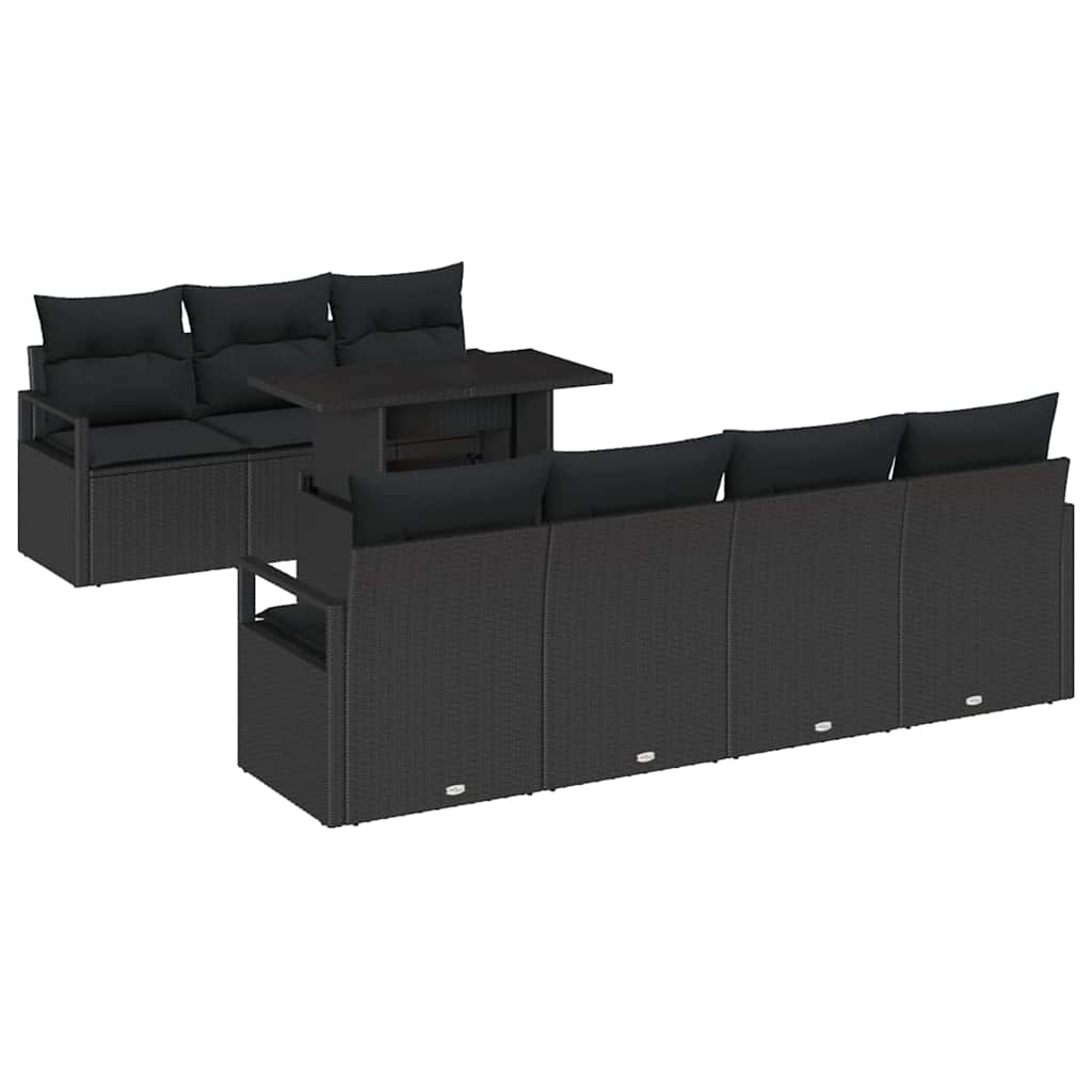 Havesofa Sæt med pude med opbevaring 8 pcs Sort Poly rattan