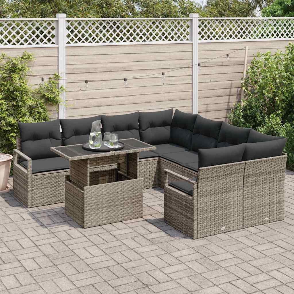 Havesofa Sæt med pude med opbevaring 9 pcs Grå Poly rattan