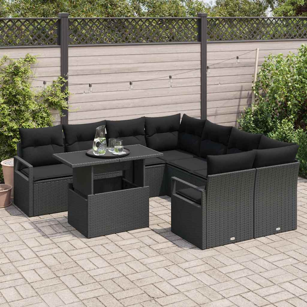 Havesofa Sæt 9 stk. Sort Poly rattan
