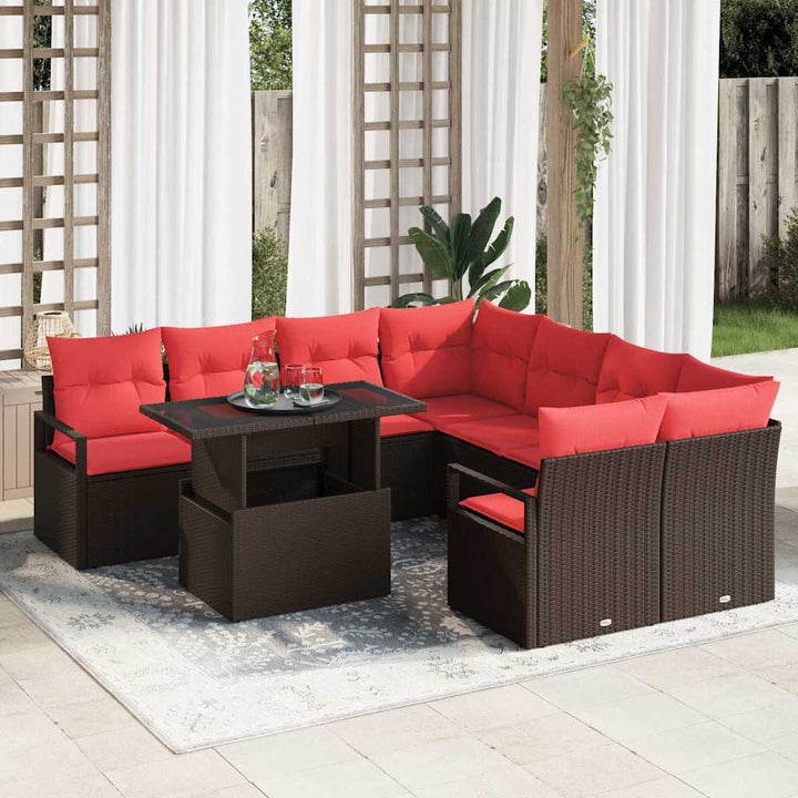 Havesofa Sæt med pude med opbevaring 9 pcs Brun Poly rattan