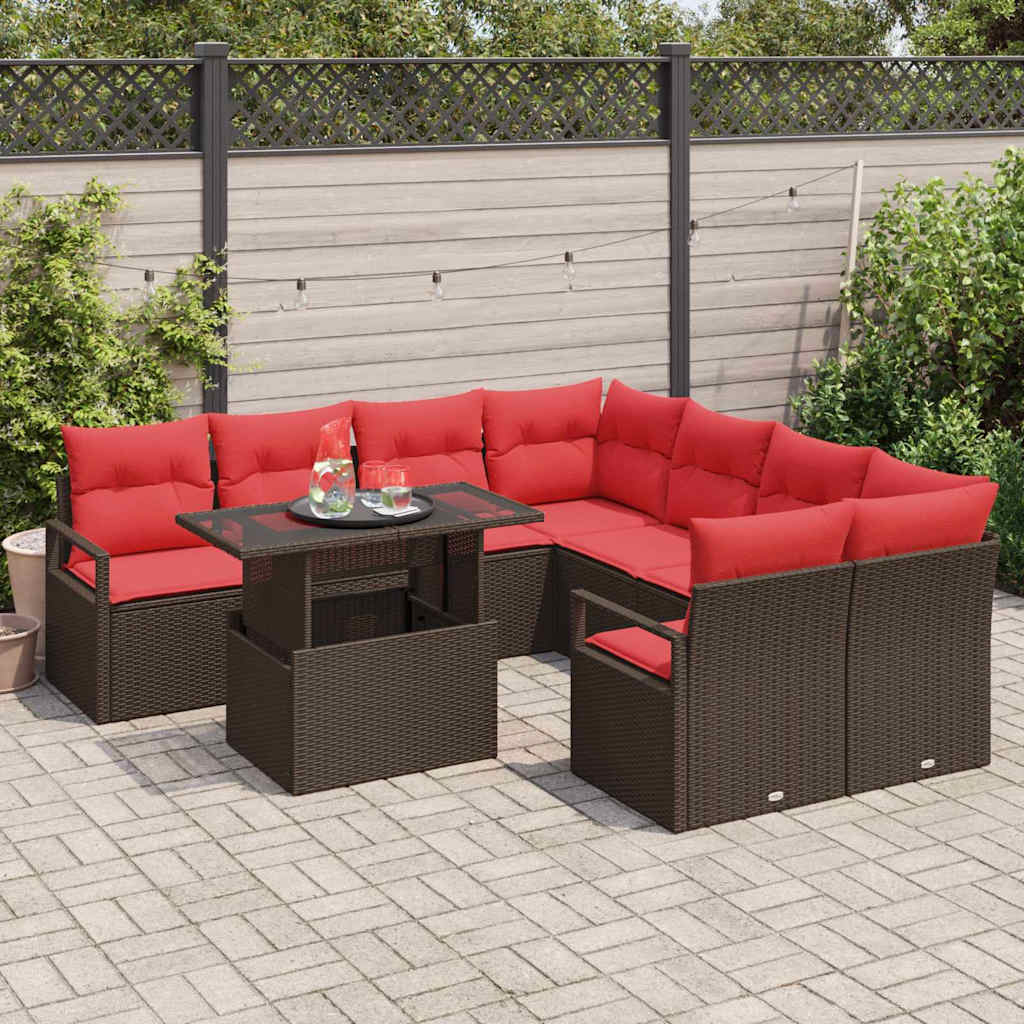 Havesofa Sæt med pude med opbevaring 9 pcs Brun Poly rattan