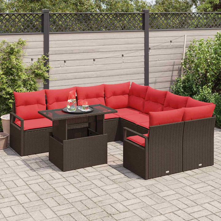 Havesofa Sæt med pude med opbevaring 9 pcs Brun Poly rattan