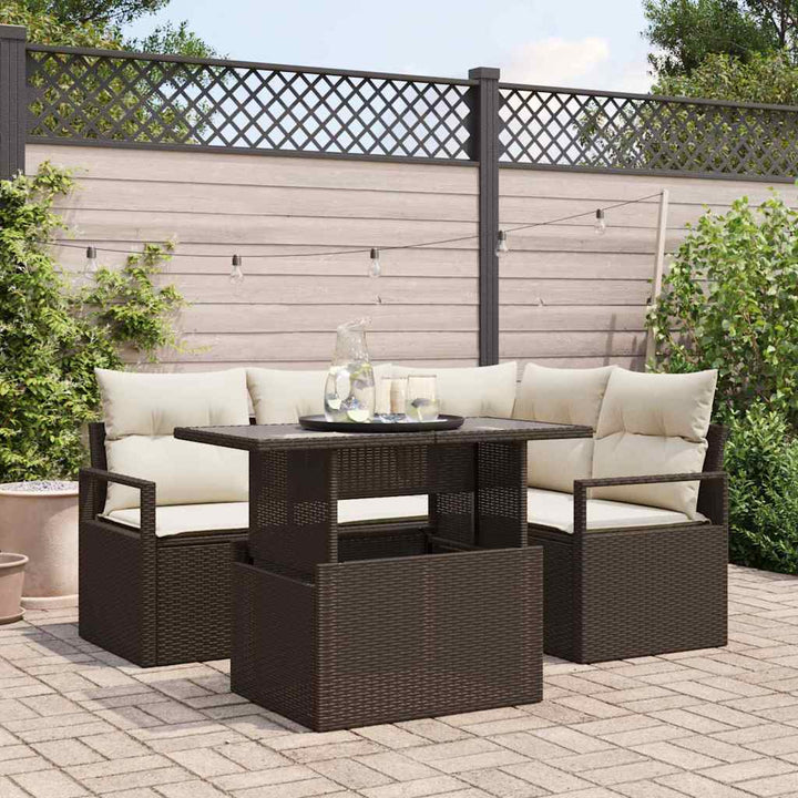 Havesofa Sæt med pude med opbevaring 5 pcs Brun Poly rattan