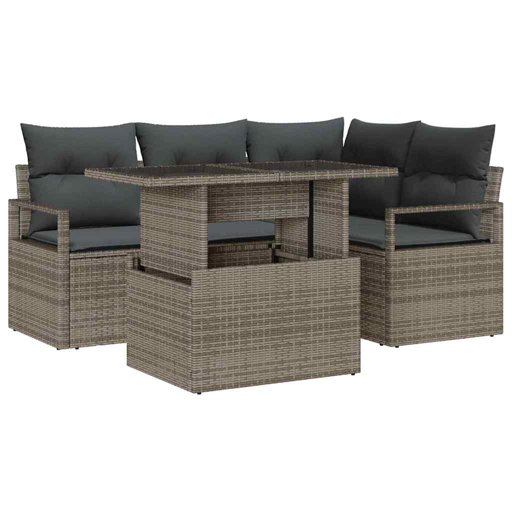 Havesofa Sæt med pude med opbevaring 5 pcs Grå Poly rattan