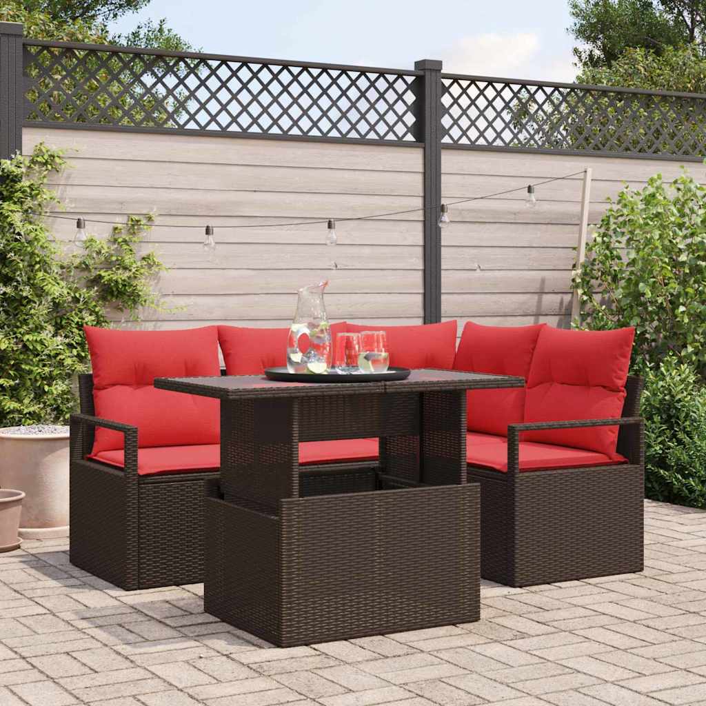 Havesofa Sæt med pude med opbevaring 5 pcs Brun Poly rattan
