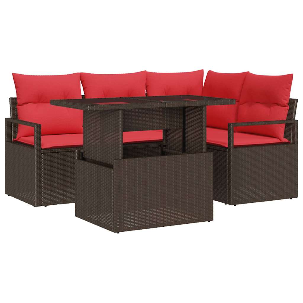 Havesofa Sæt med pude med opbevaring 5 pcs Brun Poly rattan