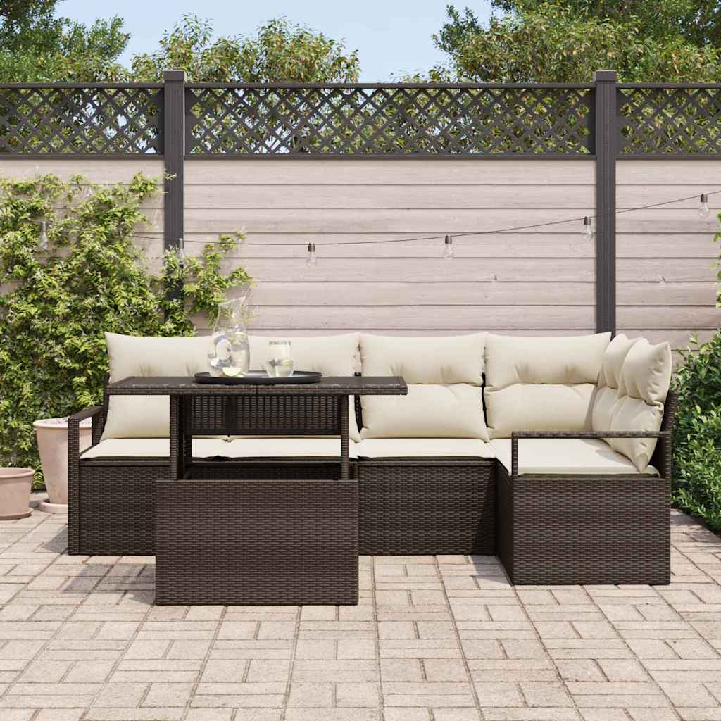 Havesofa Sæt med pude med opbevaring 6 pcs Brun Poly rattan