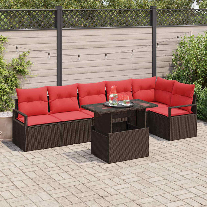 Havesofa Sæt med pude med opbevaring 7 pcs Brun Poly rattan