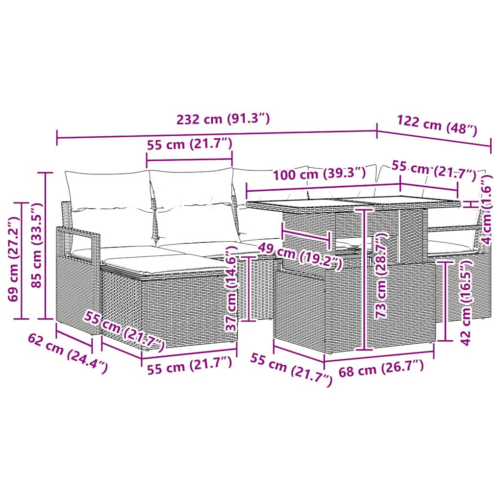 Havesofa Sæt med opbevaring 7 pcs Brun Poly rattan