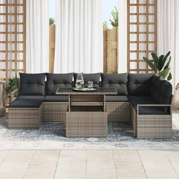Havesofa Sæt med opbevaring 9 pcs Grå Poly rattan