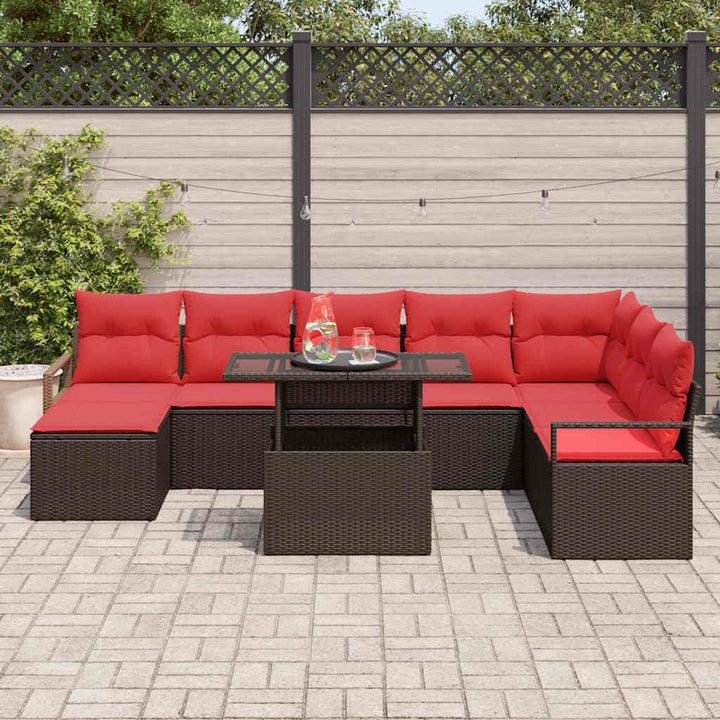 Havesofa Sæt med pude med opbevaring 9 pcs Brun Poly rattan