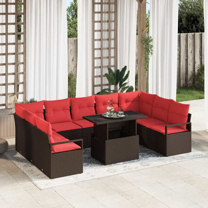 Havesofa Sæt med pude med opbevaring 10 pcs Brun Poly rattan